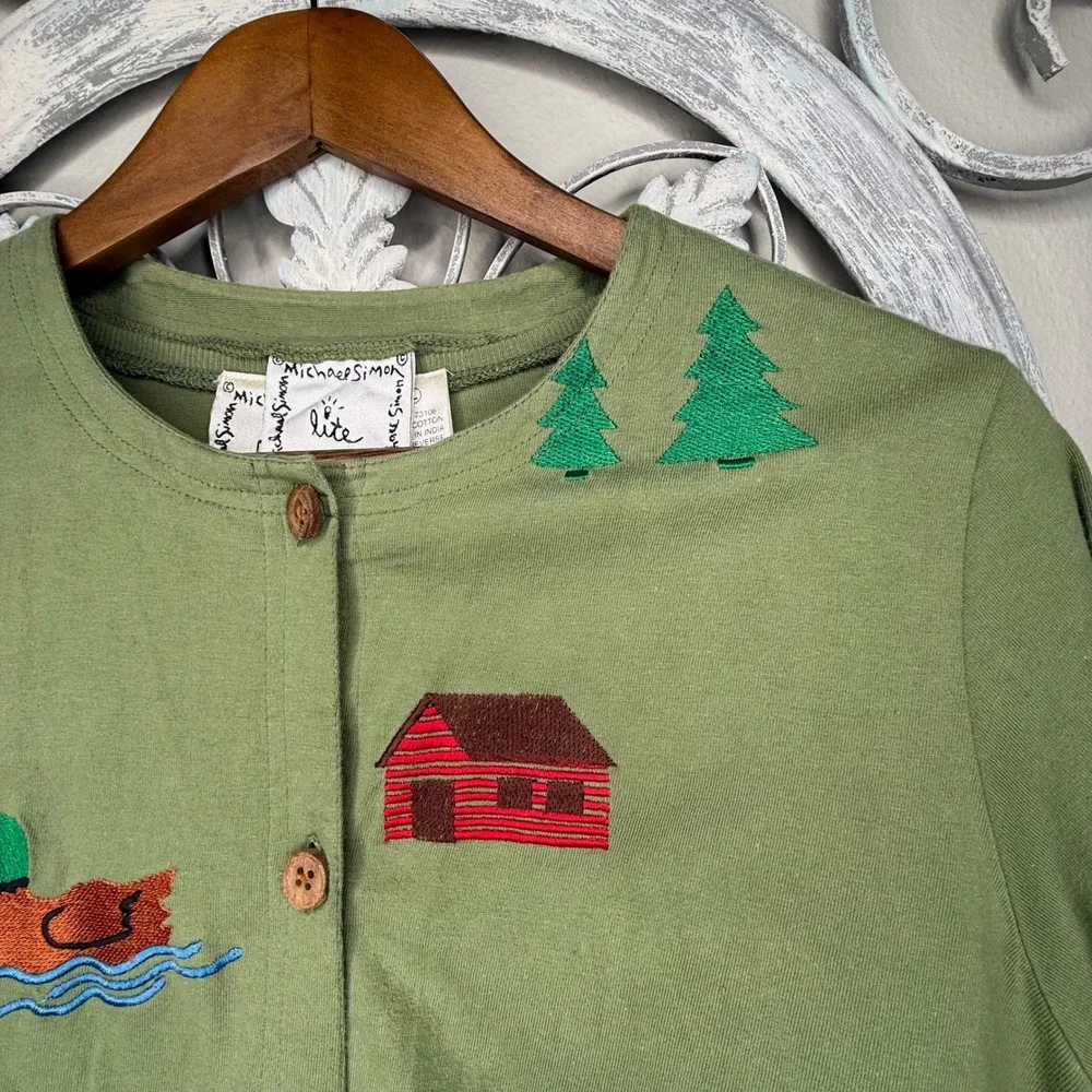 Michael Simon Lite Womens Green Embroidered Camp Cabin Maxi Dress Cardigan Set L